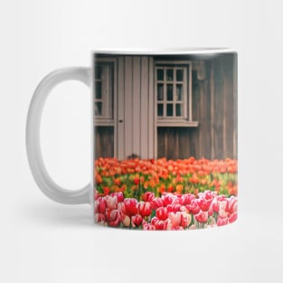 Ancient ,vintage village house with tulip , flower garden Mug